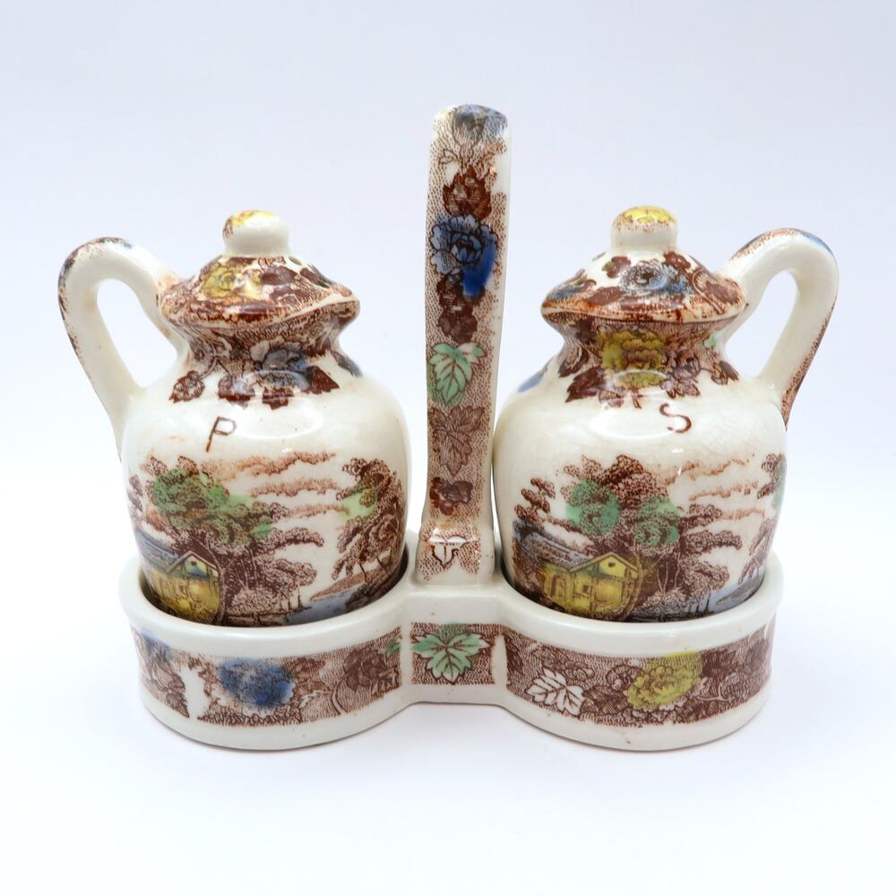 Vintage NASCO Mountain Woodland Salt Pepper Shakers Caddy Transferware Japan
